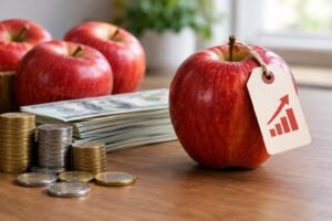 Manzanas rojas junto a billetes y monedas, ilustrando la inflación y la pérdida de poder adquisitivo.