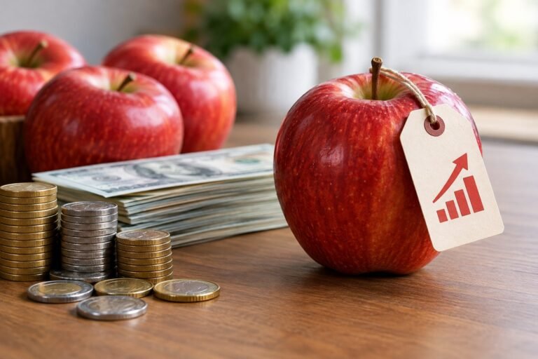 Manzanas rojas junto a billetes y monedas, ilustrando la inflación y la pérdida de poder adquisitivo.