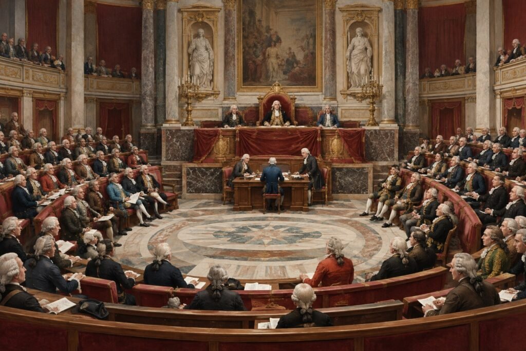 Ilustración de una asamblea francesa del siglo XVIII para explicar el origen político de izquierda y derecha.