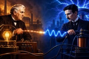 Ilustración histórica de Nikola Tesla y Thomas Edison con elementos eléctricos, sobre la guerra de las corrientes.